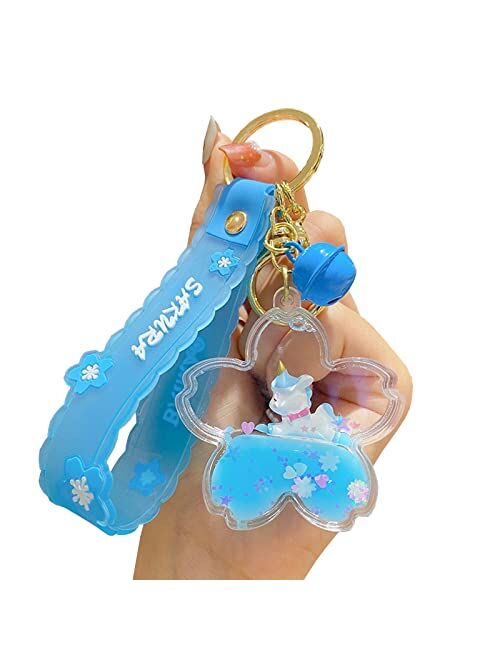 Wimeti Cute Unicorn Keychain Kawaii Liquid Quicksand Keychains Wrist Lanyard Wristlet Strap for Girl Woman