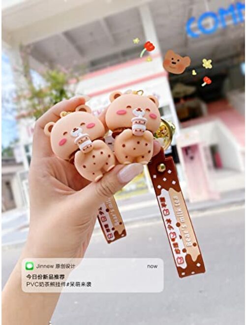 HSYHERE Men Women Creative Interesting Lover Valentine Milk Tea Bubble Tea Bear Keychain Keyring Key Chain Key Ring