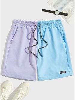 Men Two Tone Letter Patched Detail Drawstring Waist Shorts