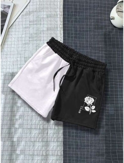 Men Rose Print Drawstring Waist Shorts
