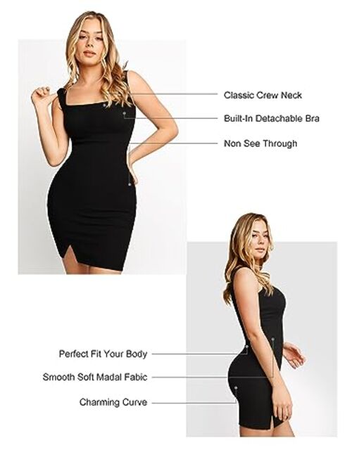 Popilush Loungewear Slip Dress for Women Built in Bra Black Maxi Bodycon Spaghetti Strap Dresses