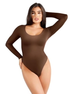 Popilush Square Neck Bodysuit for Women Long Sleeve Thong Shapewear Built In Bra Basic Jumpsuit Clothing Black/Brown
