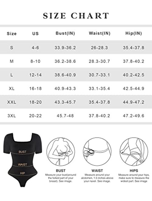 Popilush Square Neck Bodysuit for Women Long Sleeve Thong Shapewear Built In Bra Basic Jumpsuit Clothing Black/Brown