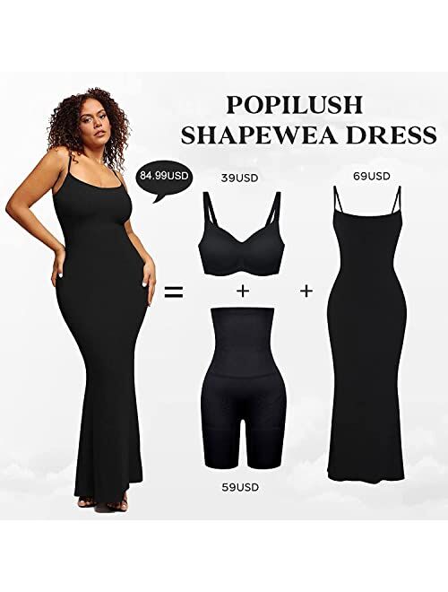 Popilush Shaper Dress Bodycon Maxi/Mini Built in Shapewear Bra 8 in 1 Women Lounge leeveless Backless Dresses