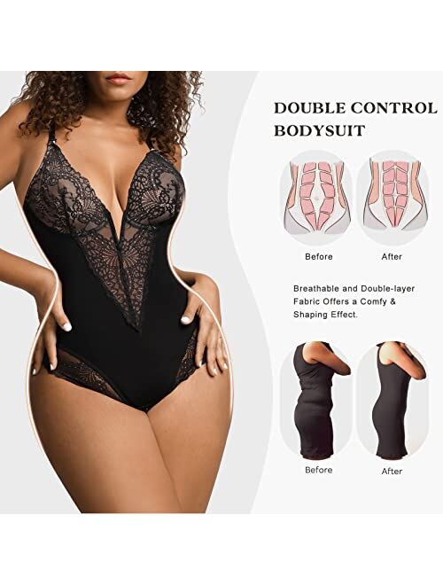 Popilush Lace Shapewear Bodysuit Women Tummy Control Backless Tank Tops V Neck Body Suit Thongs