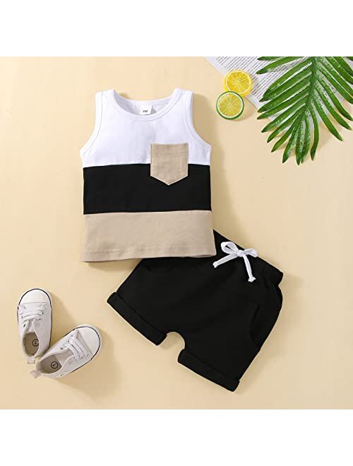 YINGISFITM 2Pcs Baby Boy Summer Clothing Cute Patchwork T-Shirt Sleeveless Tank Tops Jogger Shorts Outfits