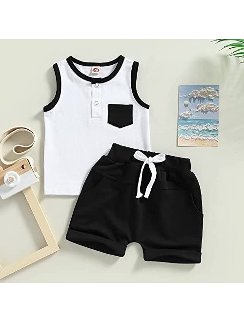 Yingisfitm Toddler Boy Clothes Summer Cotton Sleeveless Shirt Tank Top Solid Color Shorts Cute Infant Baby Boy Outfit Set