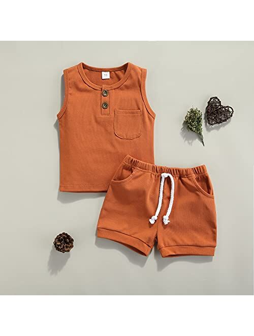 Yingisfitm Toddler Baby Boy Clothes Summer Cotton Sleeveless Shirt Tank Top Solid Color Shorts Cute Toddler Boy Outfit Set