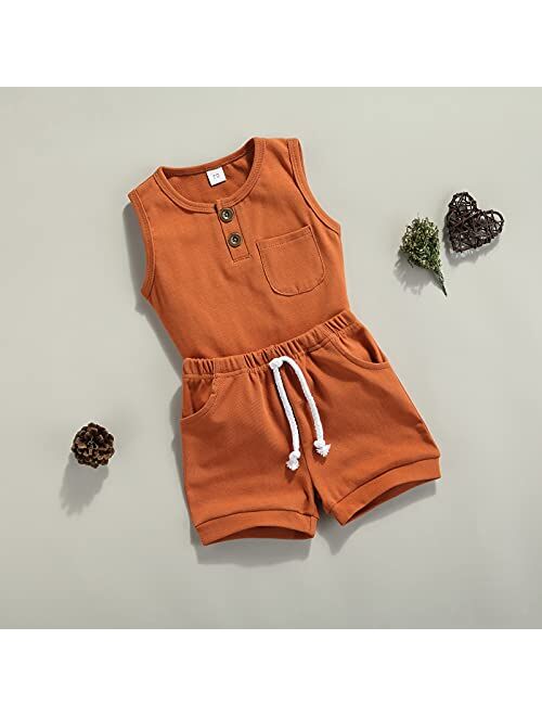Yingisfitm Toddler Baby Boy Clothes Summer Cotton Sleeveless Shirt Tank Top Solid Color Shorts Cute Toddler Boy Outfit Set