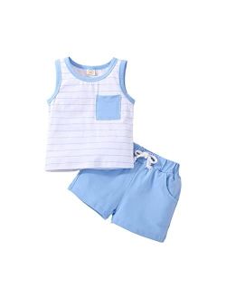 Yingisfitm Toddler Boy Clothes Summer Cotton Sleeveless Shirt Tank Top Solid Color Shorts Cute Infant Baby Boy Outfit Set