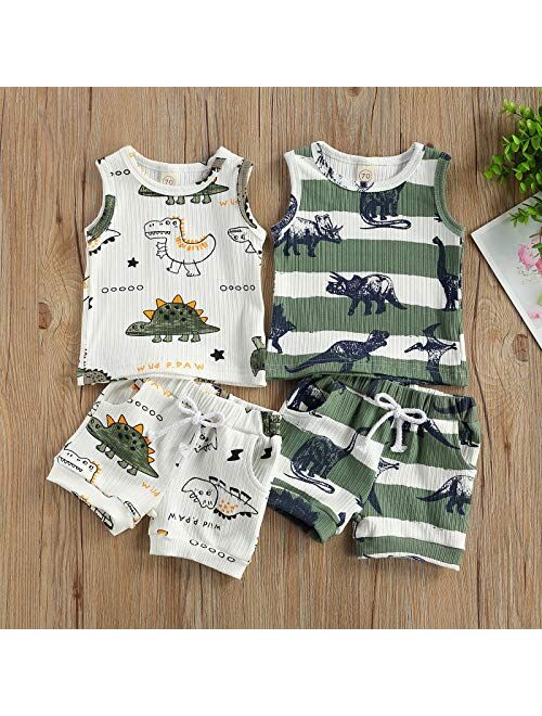 Yingisfitm 2Pcs Baby Boys Summer Clothing Sets Dinosaur Clothes Cute Letters Print Sleeveless Tank Tops T-Shirt+Palm Shorts Outfits