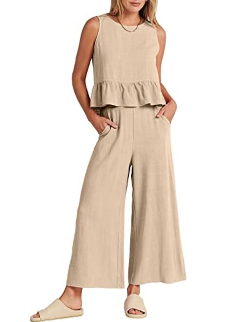 ANRABESS Women's Summer 2 Piece Outfits Sleeveless Ruffle Tank Crop Top & Wide Leg Pants Lounge Set with Pockets