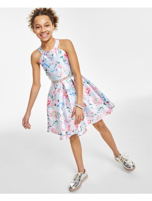 RARE EDITIONS Big Girls Floral Silk Halter Pleated A-Line Dress