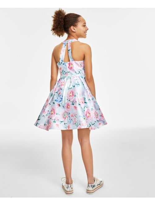 RARE EDITIONS Big Girls Floral Silk Halter Pleated A-Line Dress