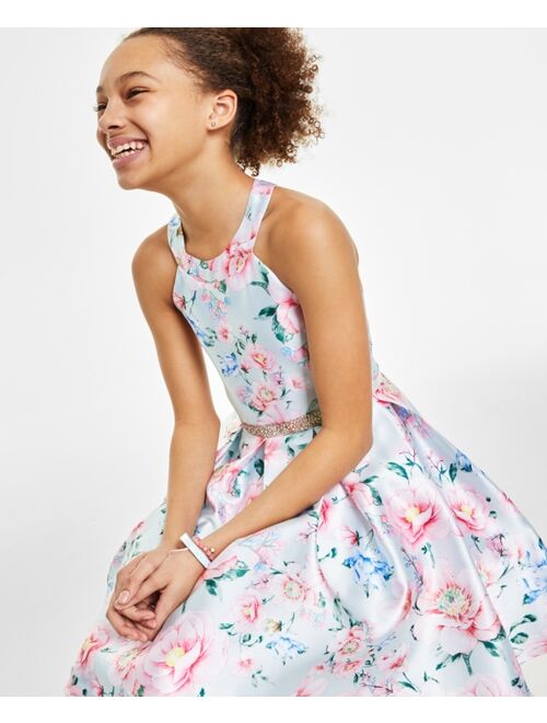 RARE EDITIONS Big Girls Floral Silk Halter Pleated A-Line Dress