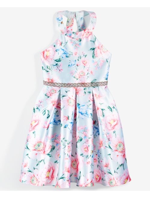 RARE EDITIONS Big Girls Floral Silk Halter Pleated A-Line Dress