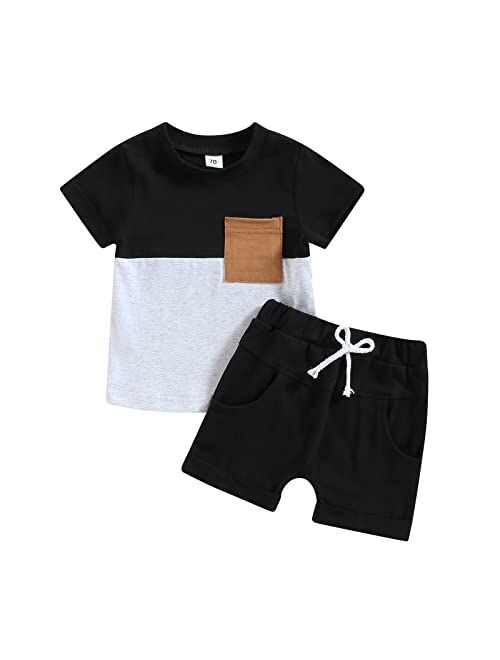 YINGISFITM Toddler Baby Boy Clothes Letter Short Sleeve T Shirt Top Boys Shorts with Pocket Cute Summer Outfit 2Pcs Set