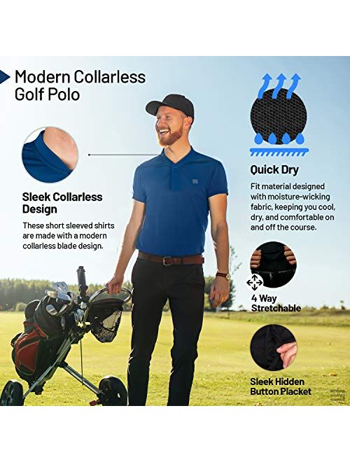 Three Sixty Six Quick Dry Collarless Golf Shirts for Men - Short Sleeve Casual Polo, Stretch Fabric