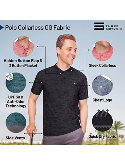 Three Sixty Six Collarless Golf Shirts for Men - Quick Dry Short Sleeve T-Shirt with 4-Way Stretch Fabric & UPF 30