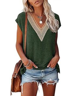 Saukole Summer Tops for Women Cap Sleeve T Shirts Casual Blouse V Neck Lace Floral Print Loose Fit Tank Tops