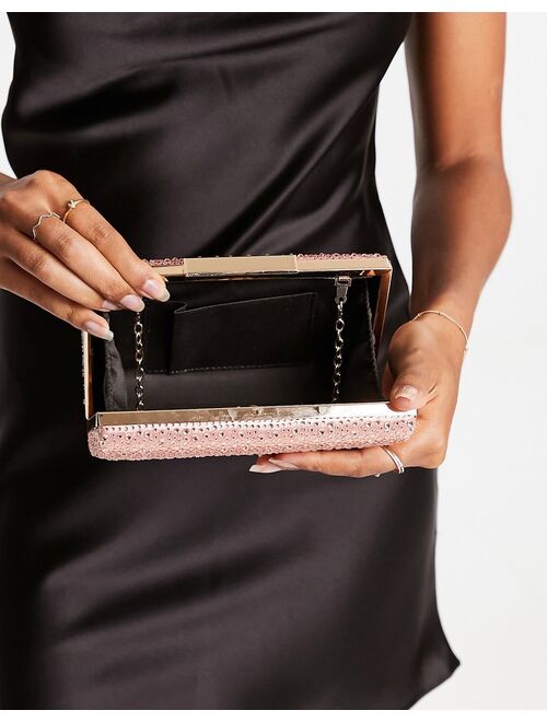 True Decadence embellished box clutch bag with chain strap in pink with crystals