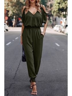Jumpsuit for Women Casual Summer Wrap V Neck Cold Shoulder One Piece Outfits Pants Romper