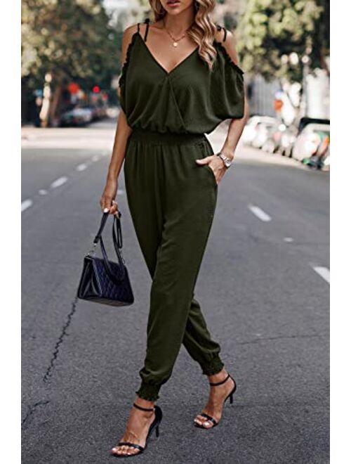 PRETTYGARDEN Jumpsuit for Women Casual Summer Wrap V Neck Cold Shoulder One Piece Outfits Pants Romper