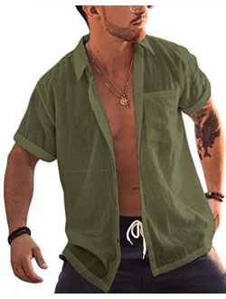 Bbalizko Mens Short Sleeve Button Up Shirts Linen Cotton Beach Tops Spread Collar Plain Summer T Shirt with Pocket