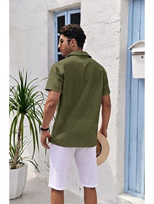 Bbalizko Mens Short Sleeve Button Up Shirts Linen Cotton Beach Tops Spread Collar Plain Summer T Shirt with Pocket