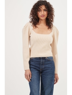 Catalina Women's Ribbed Knit Cut Out Puff Sleeve Pullover Sweater