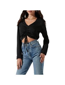 Women's Satin Ruched Long Sleeve Cropped V-Neck Blouse