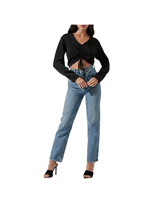 ASTR the label Women's Satin Ruched Long Sleeve Cropped V-Neck Blouse