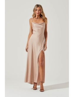 Women's High Slit Cowlneck Full Length Slip Dress