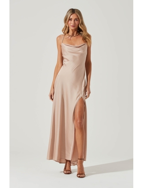 ASTR the label Women's High Slit Cowlneck Full Length Slip Dress