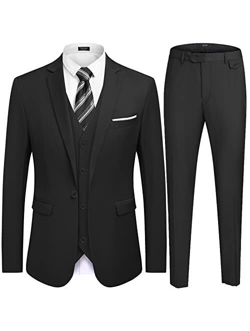 COOFANDY Men's 3 Piece Slim Fit Suit Set One Button Jacket Blazer Vest Pants Set Wedding Formal Prom Tuxedo Suits