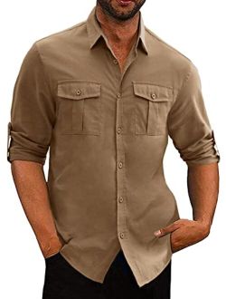 JMIERR Men's Linen Shirt Casual Stylish Button Down Beach Long Sleeve Dress Shirts with Flap Pockets