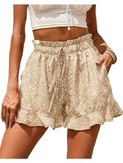 BTFBM Women's Summer Shorts 2023 Floral Elastic High Waisted Belted Casual Beach Ruffle Short Lounge Pants with Pockets