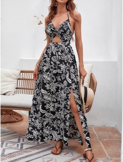 Women's Tropical Print Backless Cut Out Split Maxi Dress Twist Front Halter Neck Sleeveless Summer Swing Dresses