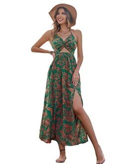 Women's Tropical Print Backless Cut Out Split Maxi Dress Twist Front Halter Neck Sleeveless Summer Swing Dresses