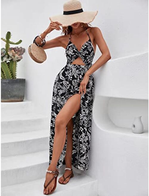 SheIn Women's Tropical Print Backless Cut Out Split Maxi Dress Twist Front Halter Neck Sleeveless Summer Swing Dresses