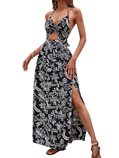 SheIn Women's Tropical Print Backless Cut Out Split Maxi Dress Twist Front Halter Neck Sleeveless Summer Swing Dresses