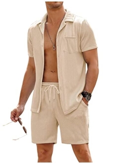 Men's 2 Pieces Shirt Sets Short Sleeve Casual Button Down Hippie T-Shirts Shorts Sets Summer Fashion Beach Outfits