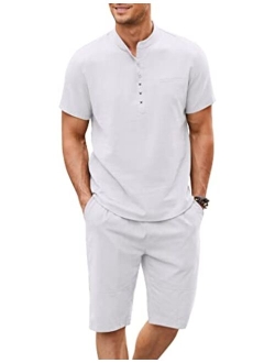 Men's 2 Piece Linen Set Short Sleeve Henley Shirts and Shorts Summer Beach Yoga Pants Set