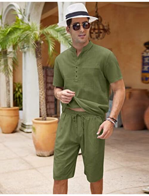 COOFANDY Men's 2 Piece Linen Set Short Sleeve Henley Shirts and Shorts Summer Beach Yoga Pants Set