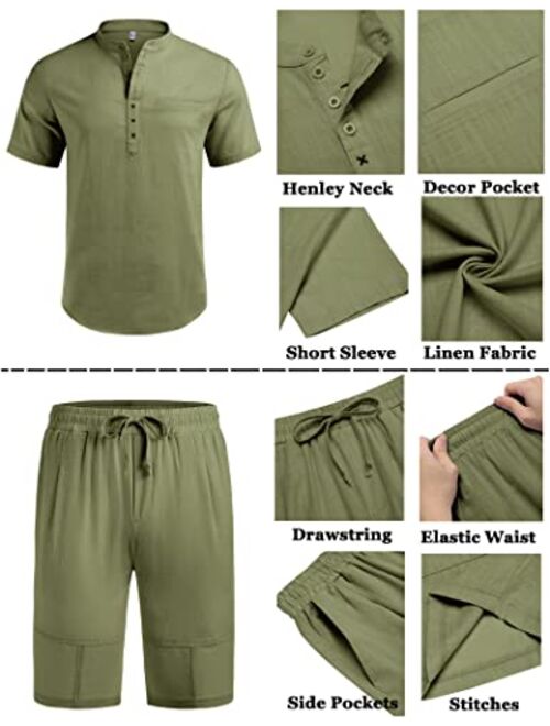 COOFANDY Men's 2 Piece Linen Set Short Sleeve Henley Shirts and Shorts Summer Beach Yoga Pants Set