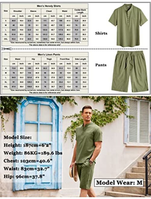 COOFANDY Men's 2 Piece Linen Set Short Sleeve Henley Shirts and Shorts Summer Beach Yoga Pants Set