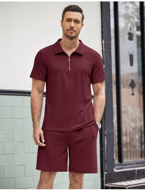COOFANDY Men's Polo Shirt and Shorts Sets 2 Piece Casual Outfits Quarter Zip Short Sleeve Summer Tracksuit
