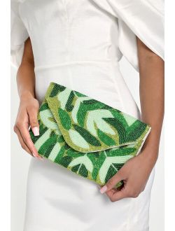 Tropical Subject Green Leaf Beaded Clutch