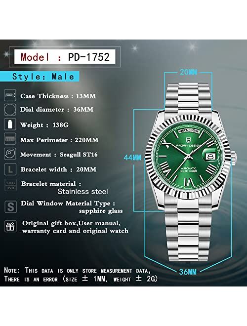 RollsTimi Pagani Design Men's Automatic Watch for Men 36mm Fashion Casual Self Winding Watch with Week Dispaly ST6 Mechanical Movement Stainless Steel 100M Waterproof - 1
