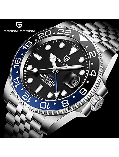 Pagrne Design Pagani Design Watches for Men NH34 Movement GMT Automatic Watches 100M Waterproof Mechanical Stainless Steel Sapphire Glass Lens Wrist Mens Watch